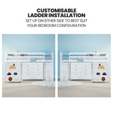 KINGSTON SLUMBER Wooden Kids Single Loft Bed Frame with Pull Out Desk, Storage Drawers, Cabinet - White