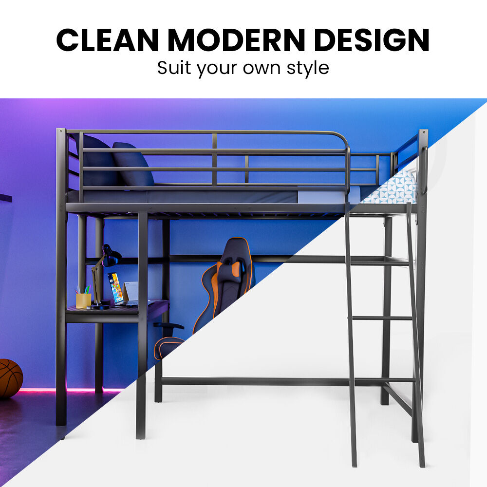 Gaming Loft Bed with Desk, Steel Metal Frame, Space Saving Design, for Single Mattress, Matte Dark G