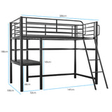 Gaming Loft Bed with Desk, Steel Metal Frame, Space Saving Design, for Single Mattress, Matte Dark Grey - Rear View
