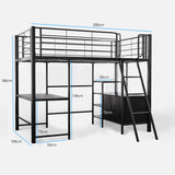 Gaming Loft Bed with Desk and Storage Cabinet, Steel Metal Frame, Space Saving Design, for Single Mattress, Matte Dark Grey - Rear View