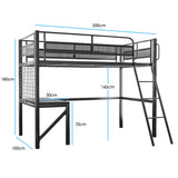 Gaming Loft Bed with Desk, Gridwall, Steel Metal Frame, Space Saving Design, for Single Mattress, Matte Dark Grey - Rear View