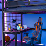 Gaming Loft Bed with Desk, Gridwall, Steel Metal Frame, Space Saving Design, for Single Mattress, Matte Dark Grey - Close-Up Angle