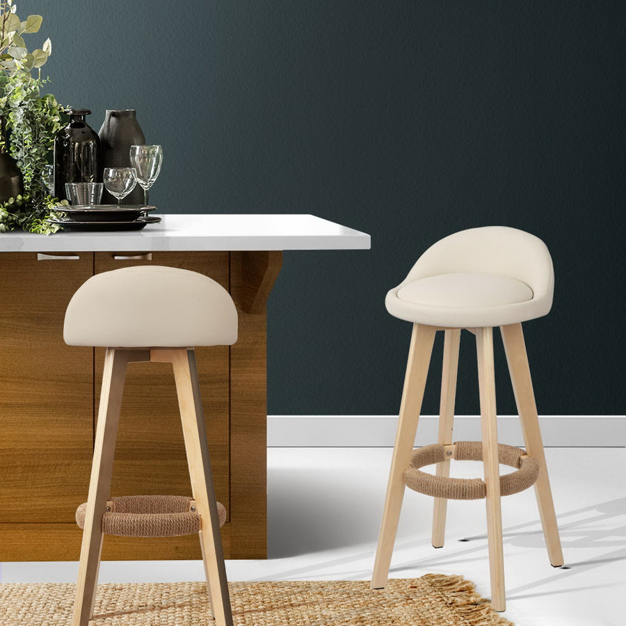 Artiss 2x Bar Stools Padded Leather Wooden Beige, image 7