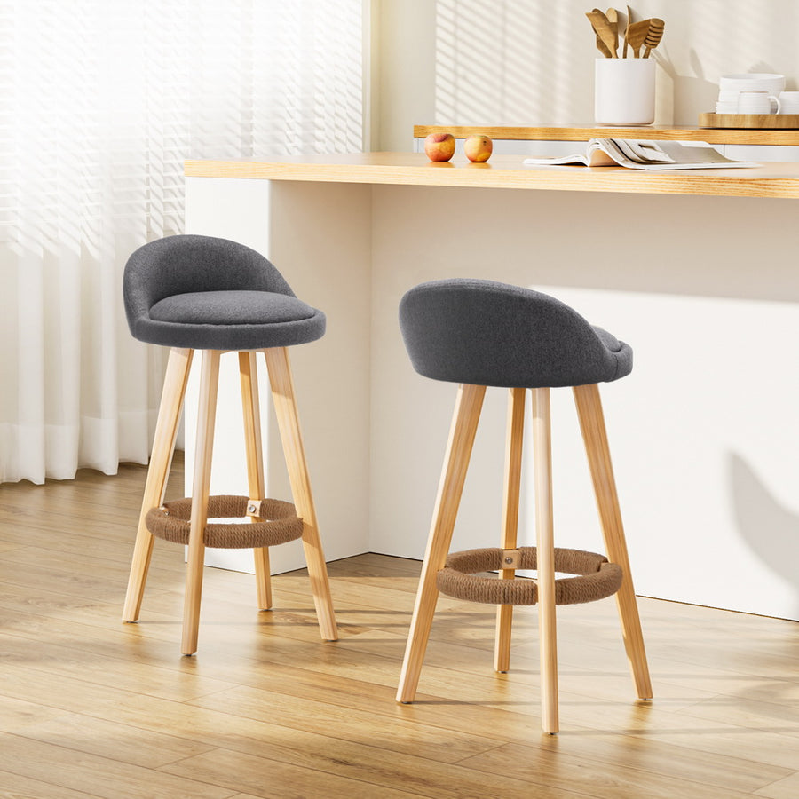 Artiss set of 2 wooden swivel bar stools with grey padded fabric seat