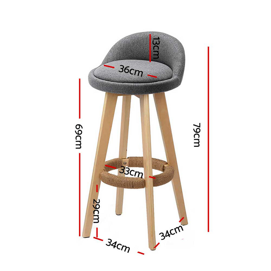 Artiss set of 2 wooden swivel bar stools with grey padded fabric seat, hemp rope footrest