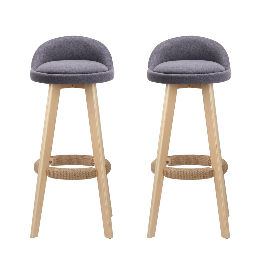Artiss set of 2 wooden swivel bar stools with grey padded fabric seat, low curved backrest