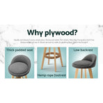 Artiss set of 2 wooden swivel bar stools with grey padded fabric seat, plywood legs with rubber feet