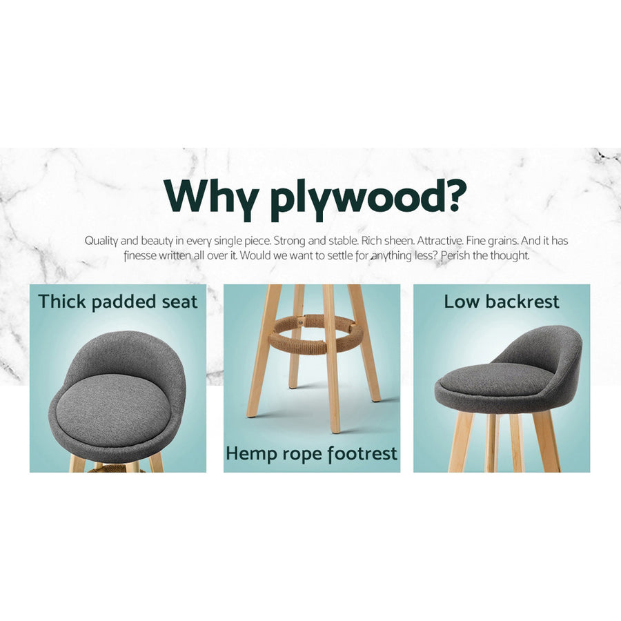 Artiss set of 2 wooden swivel bar stools with grey padded fabric seat, plywood legs with rubber feet