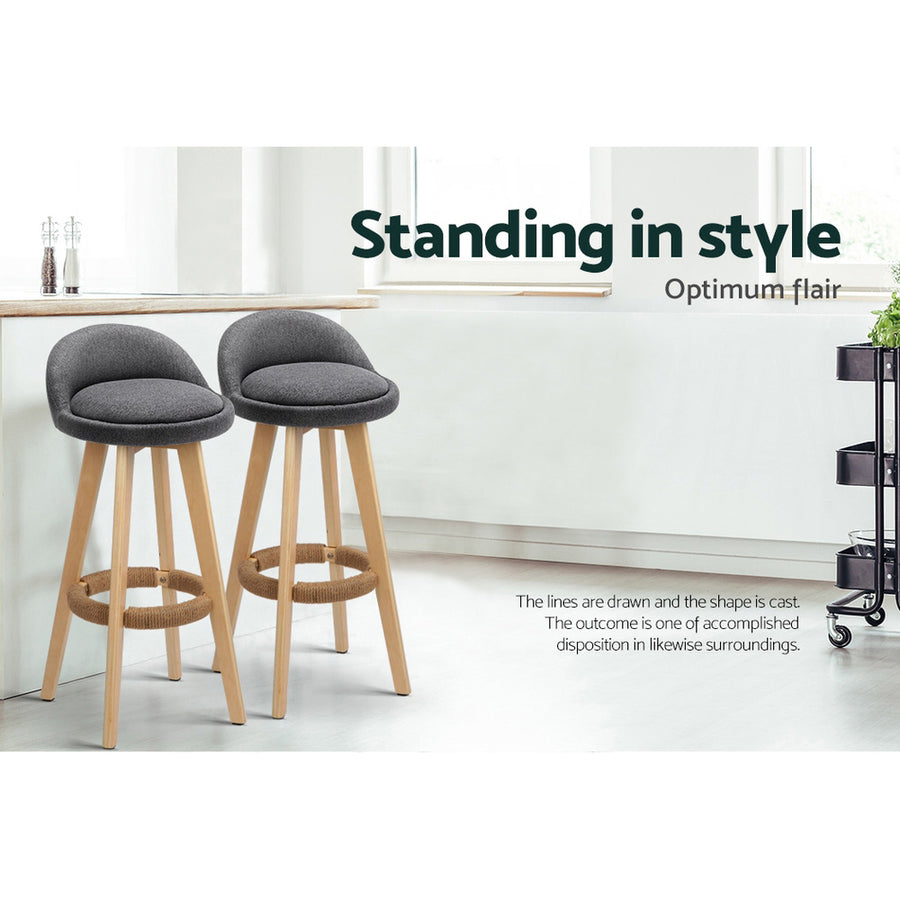 Artiss set of 2 wooden swivel bar stools with grey padded fabric seat, image 5
