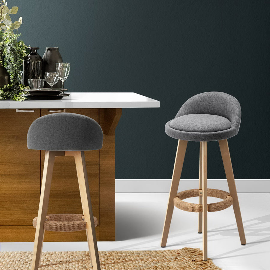 Artiss set of 2 wooden swivel bar stools with grey padded fabric seat, image 7