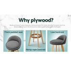 Artiss grey padded linen bar stool with wooden base and hemp rope footrest, foam padded linen seat