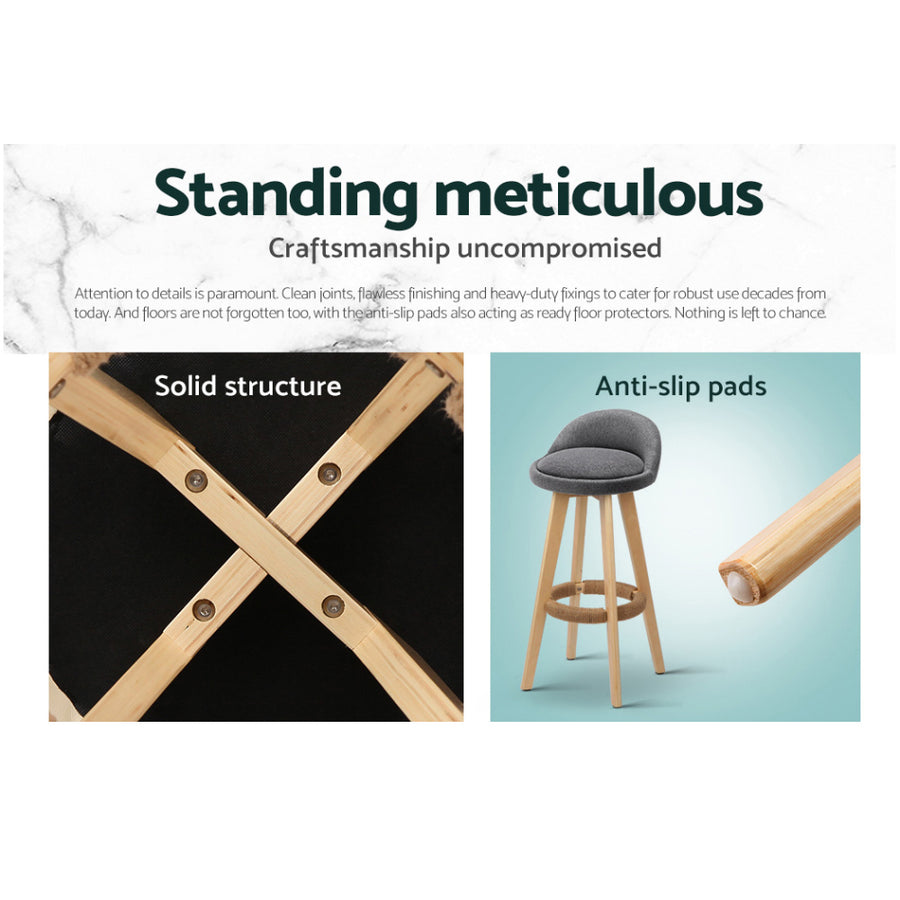 Artiss grey padded linen bar stool with wooden base and hemp rope footrest, image 6
