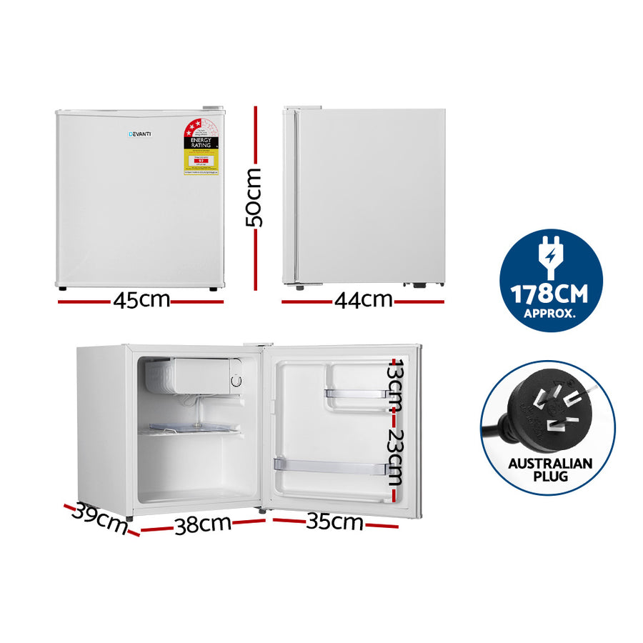 Devanti 48L white mini bar fridge with chiller compartment, door compartment