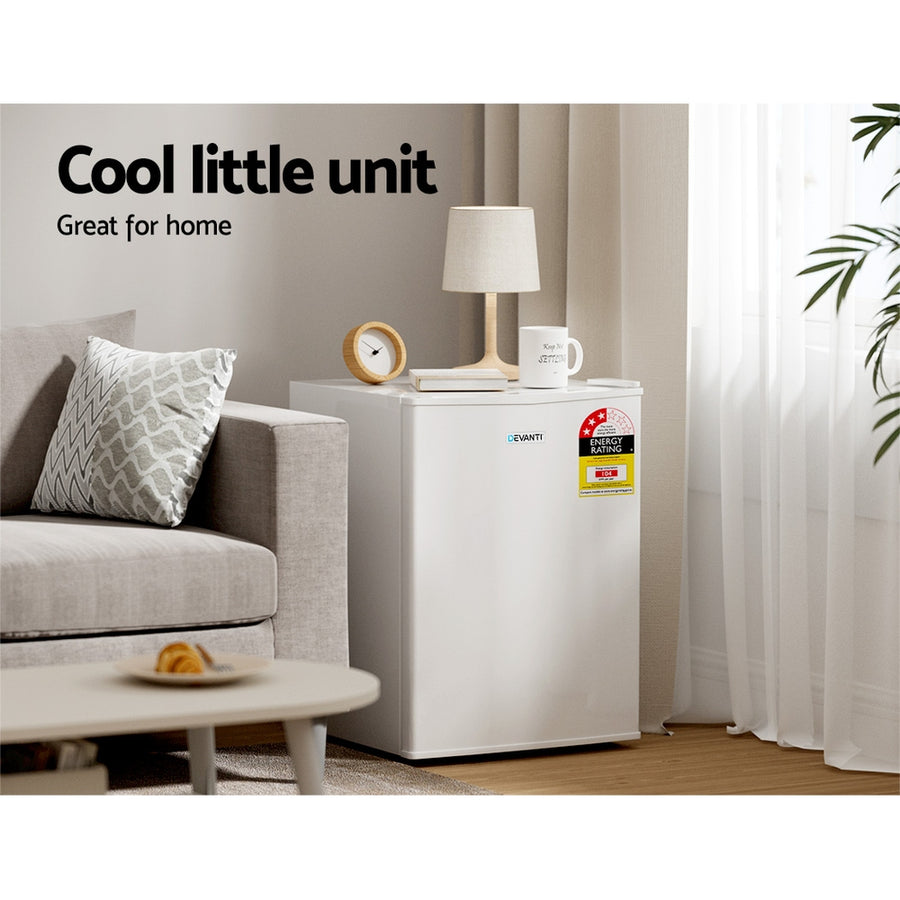 Devanti 70L portable white mini bar fridge with door compartment, adjustable temperature control