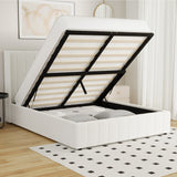 Oikiture Bed Frame Double Size Gas Lift Base Boucle Fabric White - Low Angle