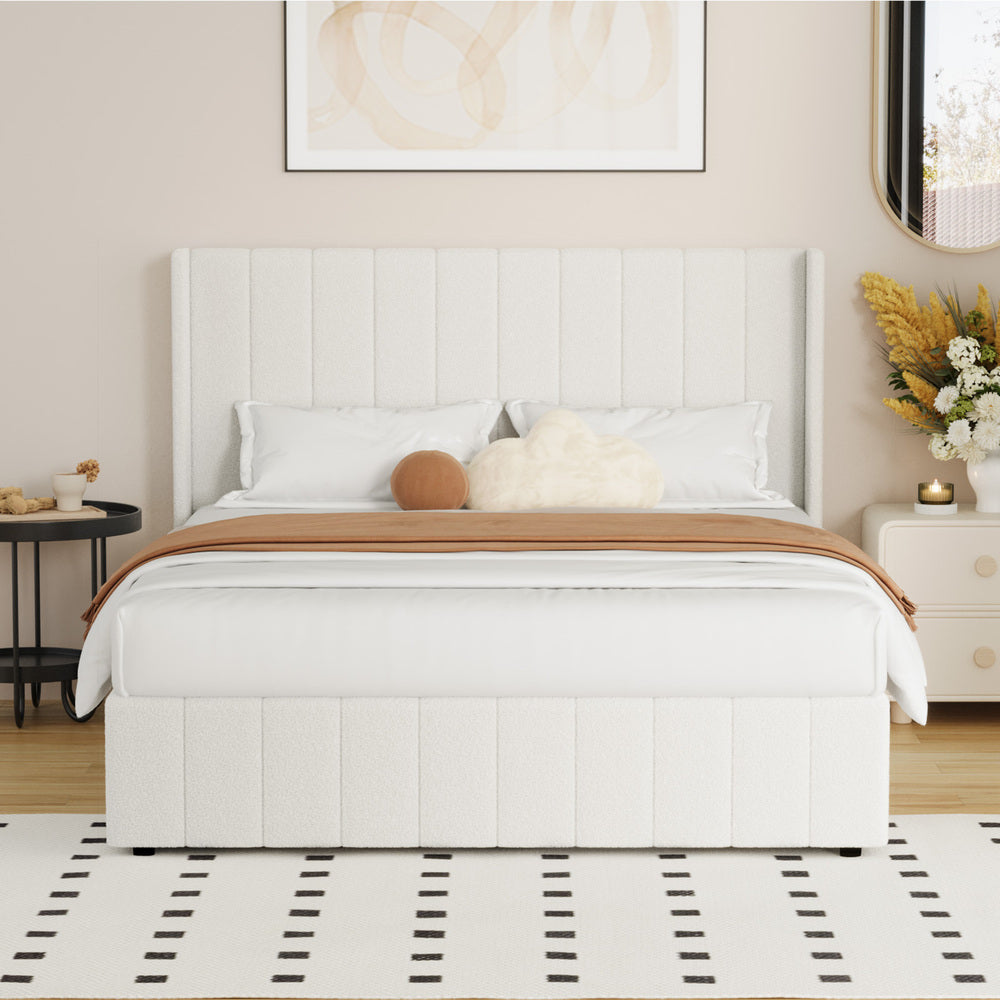 Oikiture Bed Frame Double Size Gas Lift Base Boucle Fabric White