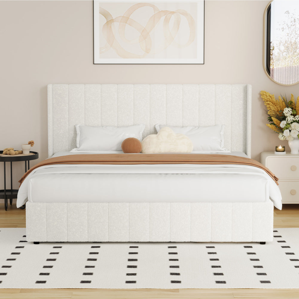 Oikiture Bed Frame King Size Gas Lift Base Boucle Fabric White