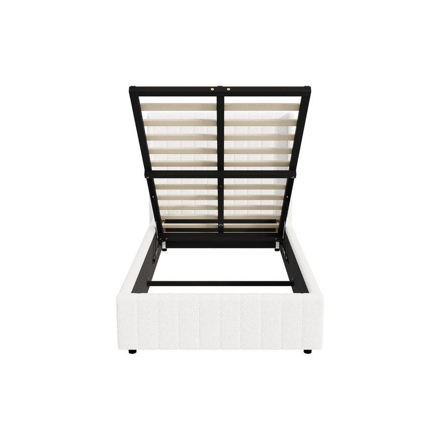 Oikiture Bed Frame King Single Gas Lift Base Boucle Fabric White