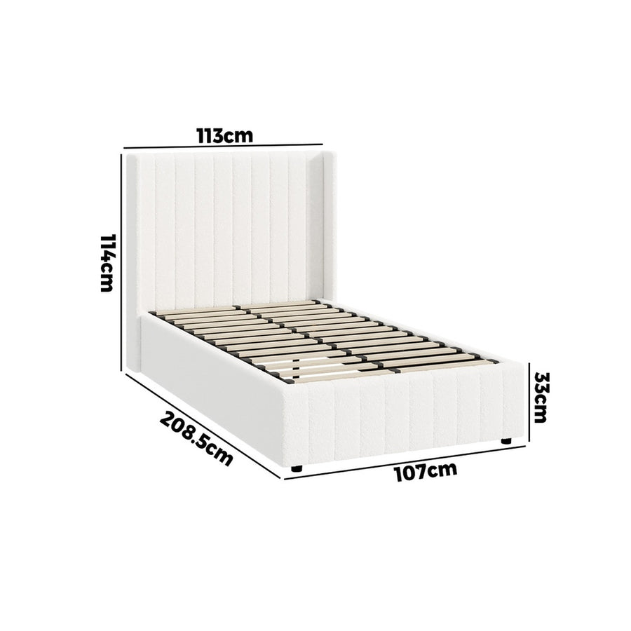 Oikiture Bed Frame King Single Gas Lift Base Boucle Fabric White