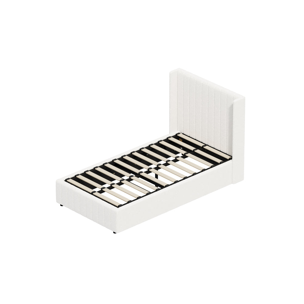 Oikiture Bed Frame King Single Gas Lift Base Boucle Fabric White