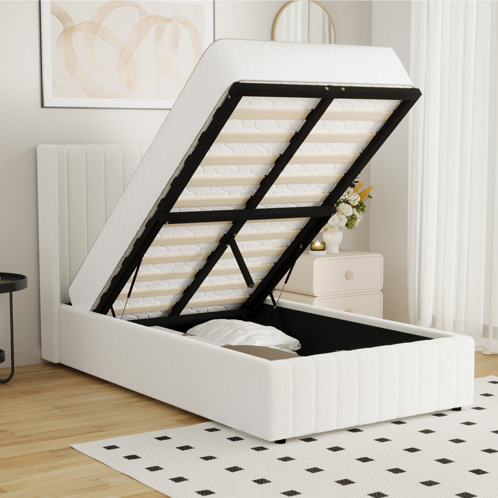 Oikiture Bed Frame King Single Gas Lift Base Boucle Fabric White