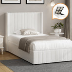Oikiture Bed Frame King Single Gas Lift Base Boucle Fabric White