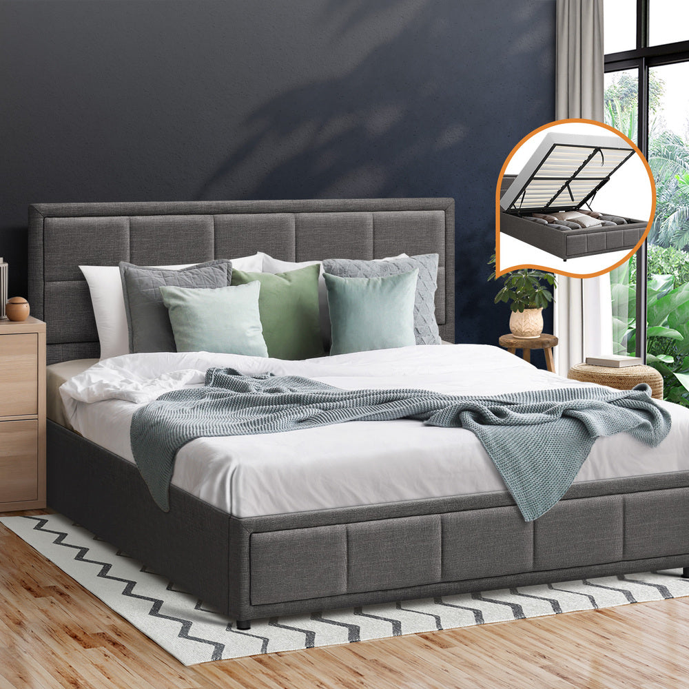 Oikiture Double Bed Frame Gas Lift Storage Base Fabric Grey