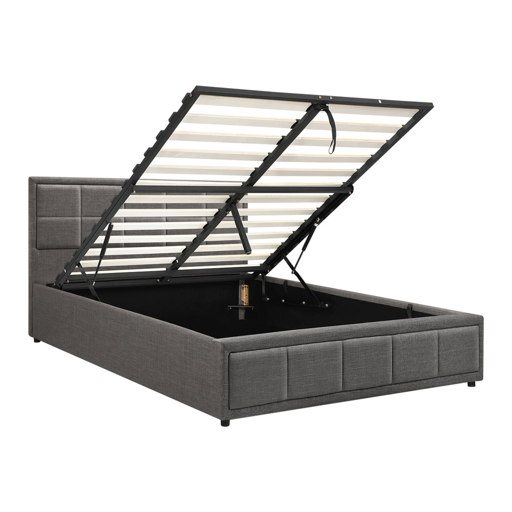 Oikiture Double Bed Frame Gas Lift Storage Base Fabric Grey
