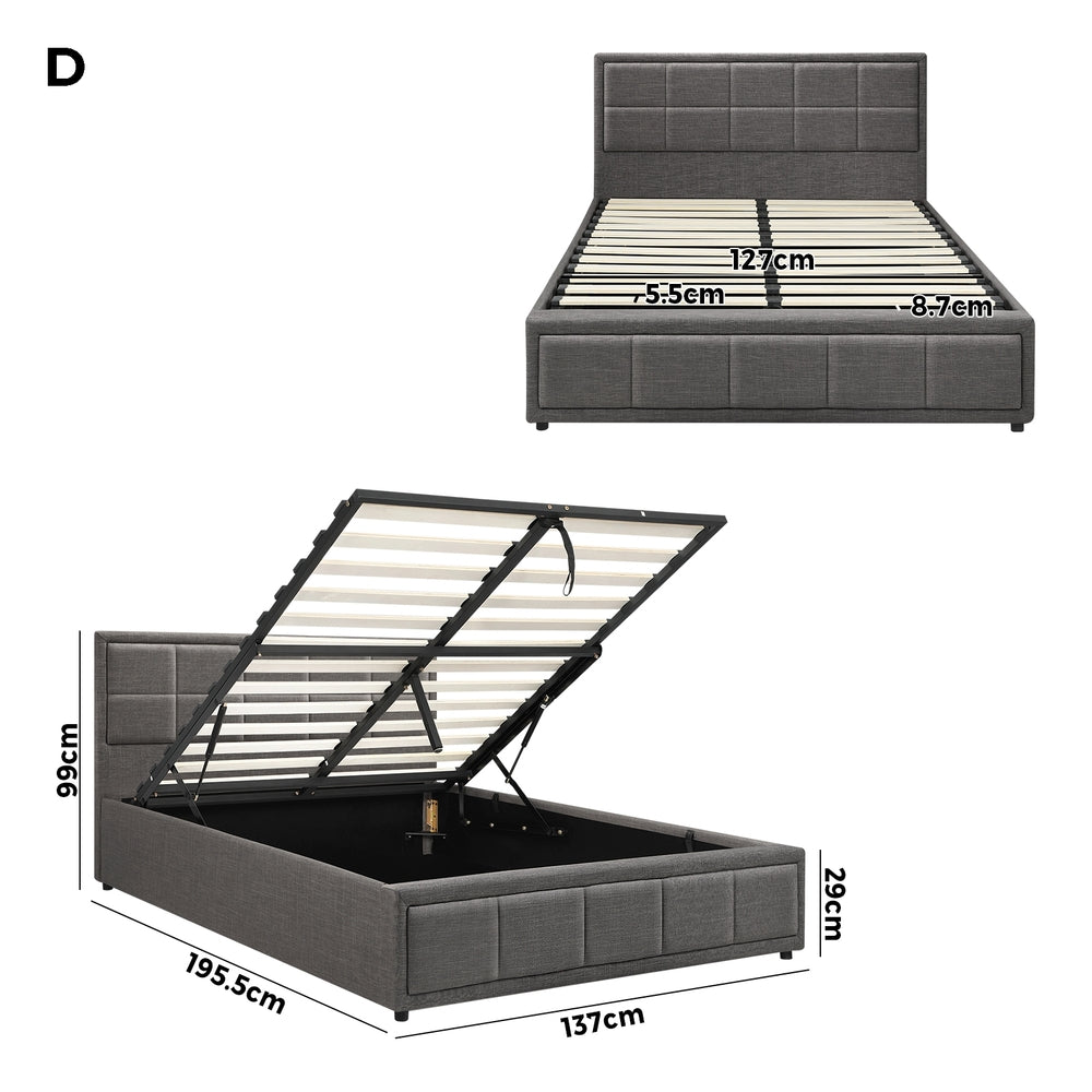 Oikiture Double Bed Frame Gas Lift Storage Base Fabric Grey