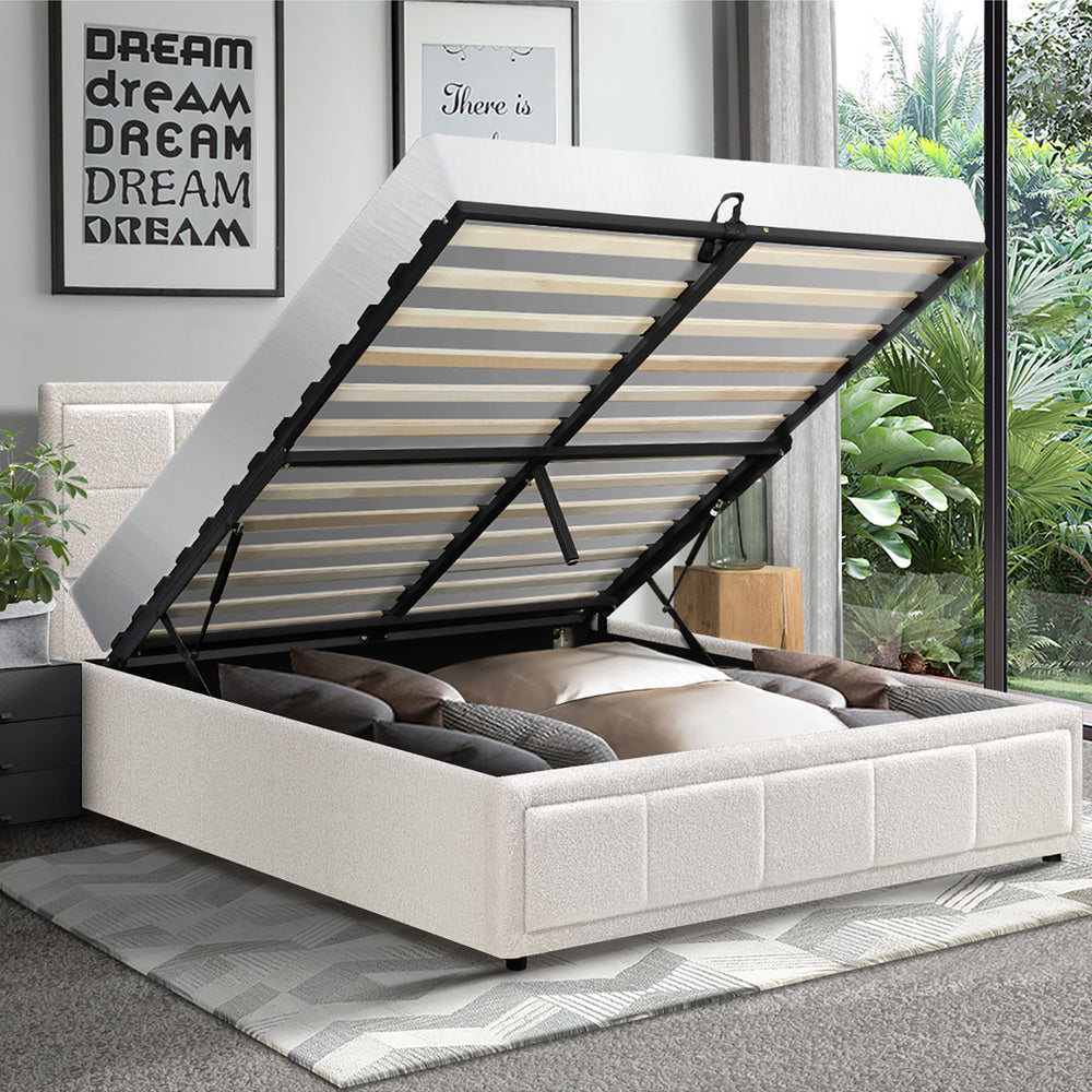 Oikiture Double Bed Frame Gas Lift Storage Base Boucle White