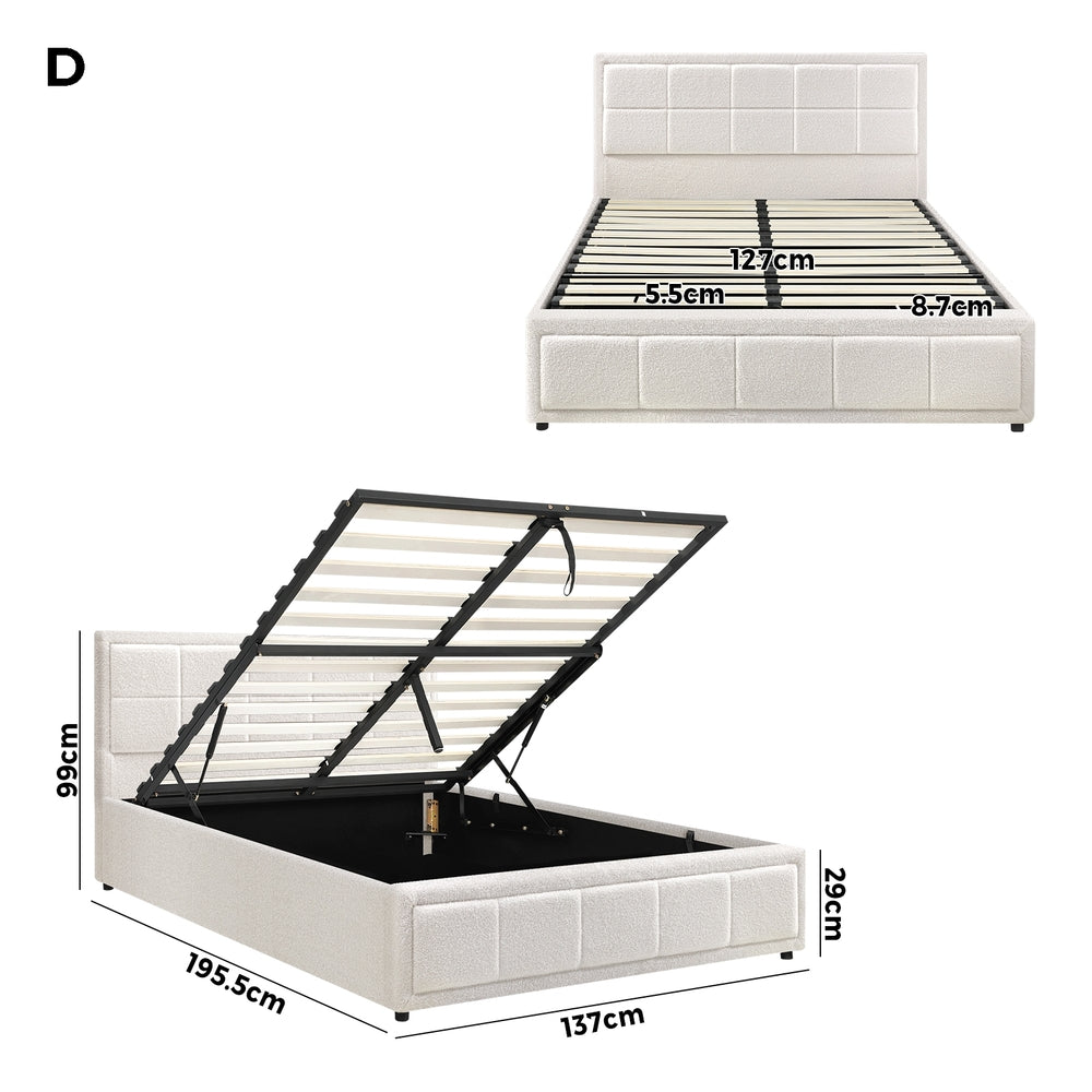 Oikiture Double Bed Frame Gas Lift Storage Base Boucle White
