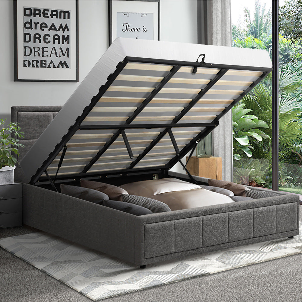 Oikiture Bed Frame King Size Gas Lift Storage Base Fabric Grey