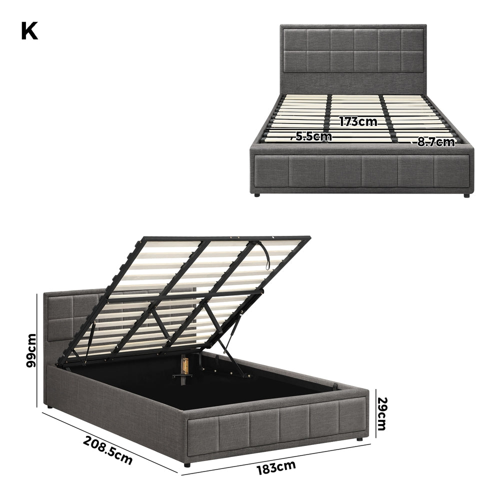 Oikiture Bed Frame King Size Gas Lift Storage Base Fabric Grey