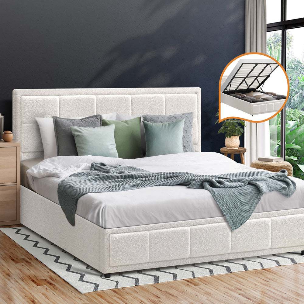 Oikiture  King Bed Frame Gas Lift Storage Base Boucle White
