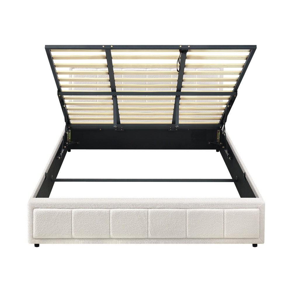 Oikiture  King Bed Frame Gas Lift Storage Base Boucle White