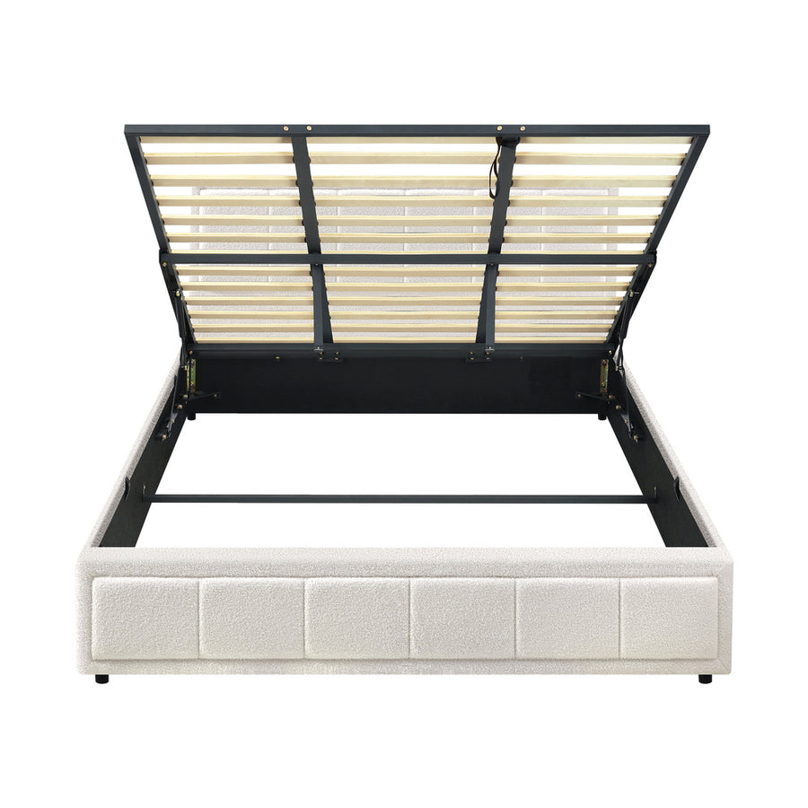 Oikiture King Bed Frame Gas Lift Storage Base Boucle White