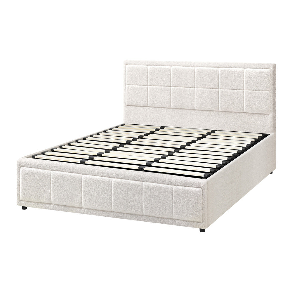 Oikiture  King Bed Frame Gas Lift Storage Base Boucle White