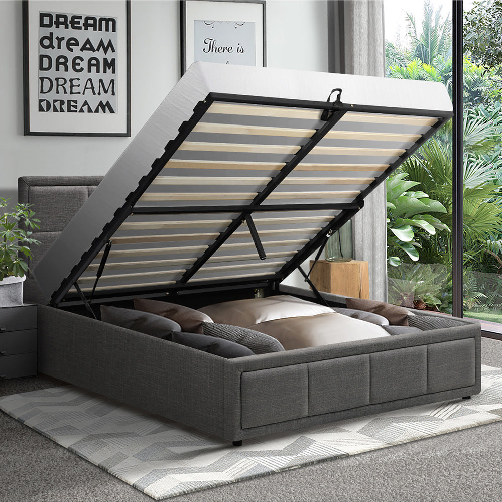 Oikiture Bed Frame King Single Gas Lift Storage Base Fabric Grey