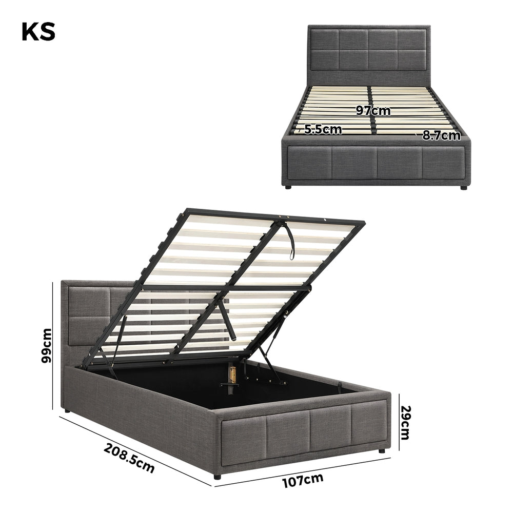 Oikiture Bed Frame King Single Gas Lift Storage Base Fabric Grey
