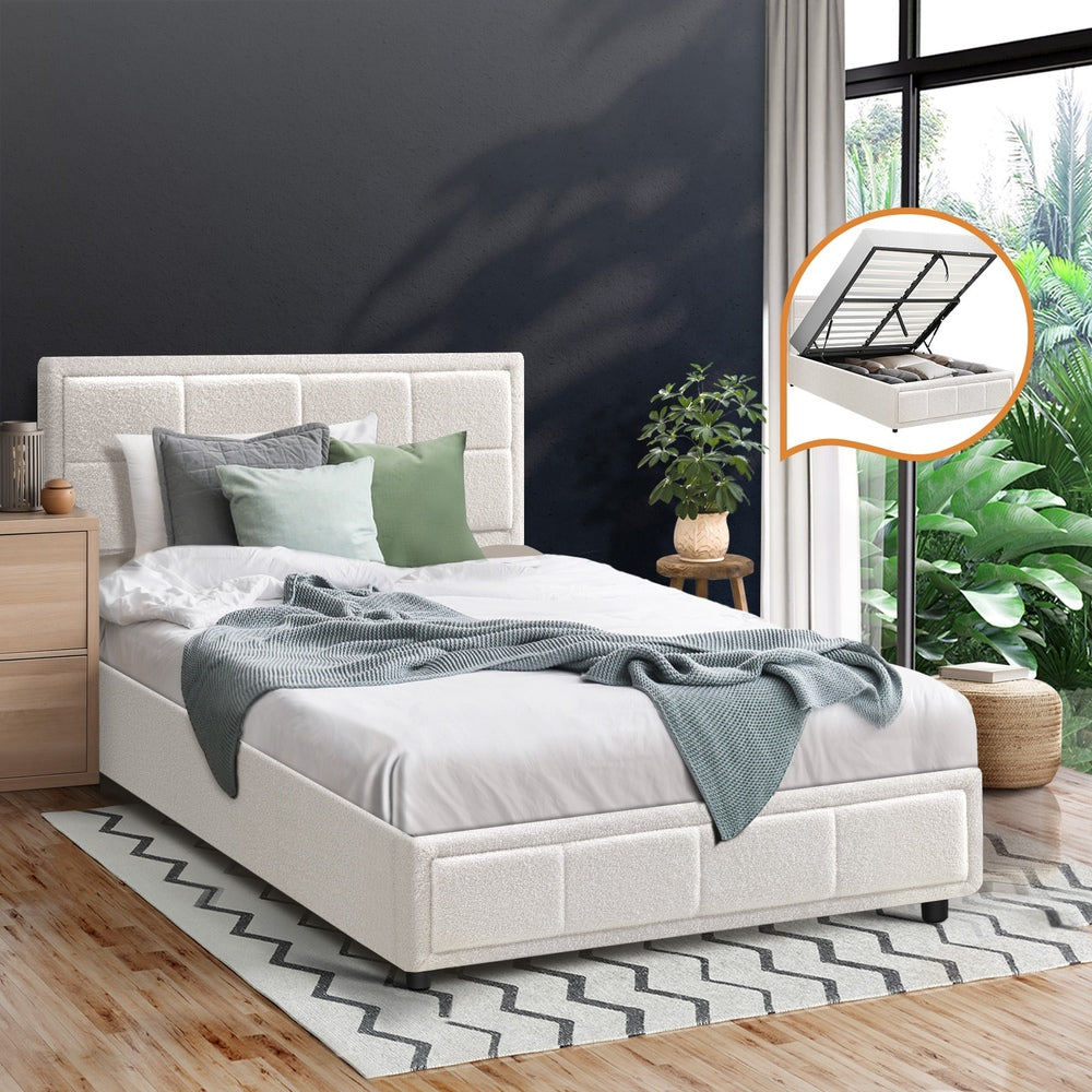 Oikiture Bed Frame King Single Gas Lift Storage Base Boucle White