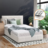 Oikiture Bed Frame King Single Gas Lift Storage Base Boucle White - Front View