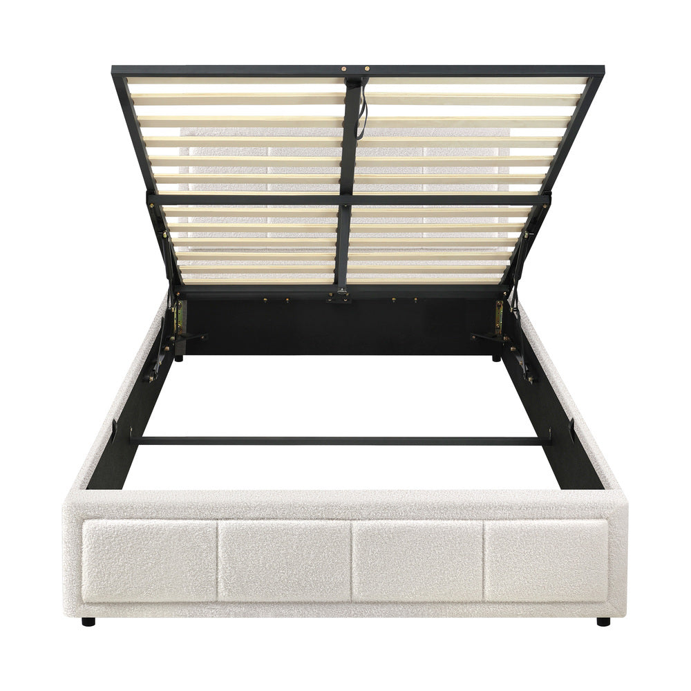 Oikiture Bed Frame King Single Gas Lift Storage Base Boucle White
