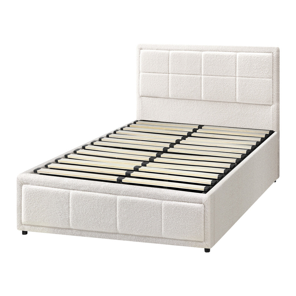 Oikiture Bed Frame King Single Gas Lift Storage Base Boucle White