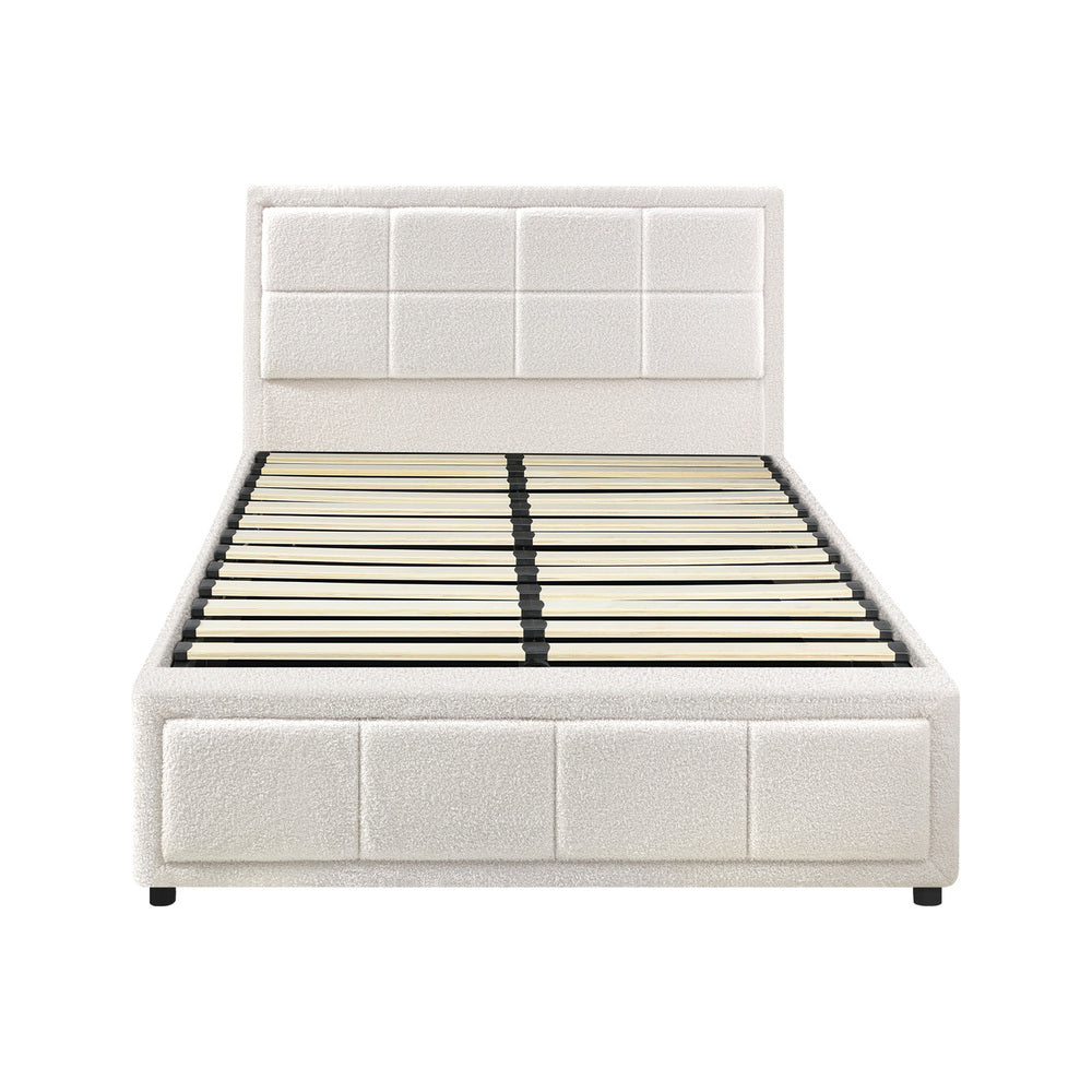 Oikiture Bed Frame King Single Gas Lift Storage Base Boucle White
