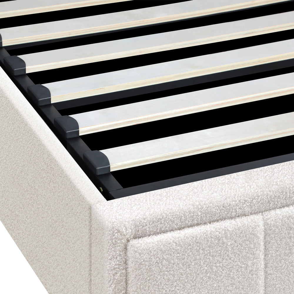 Oikiture Bed Frame King Single Gas Lift Storage Base Boucle White