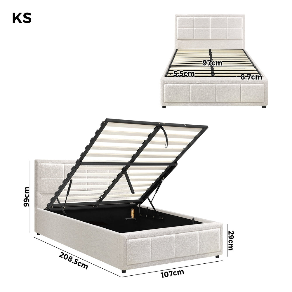 Oikiture Bed Frame King Single Gas Lift Storage Base Boucle White