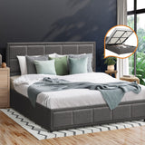 Oikiture Queen Bed Frame Gas Lift Storage Base Fabric Grey - Side View