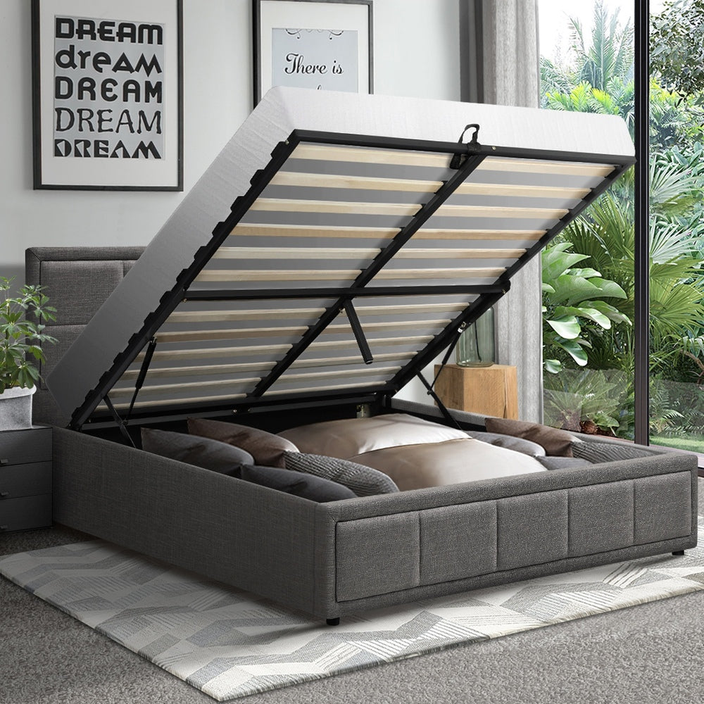 Oikiture Queen Bed Frame Gas Lift Storage Base Fabric Grey