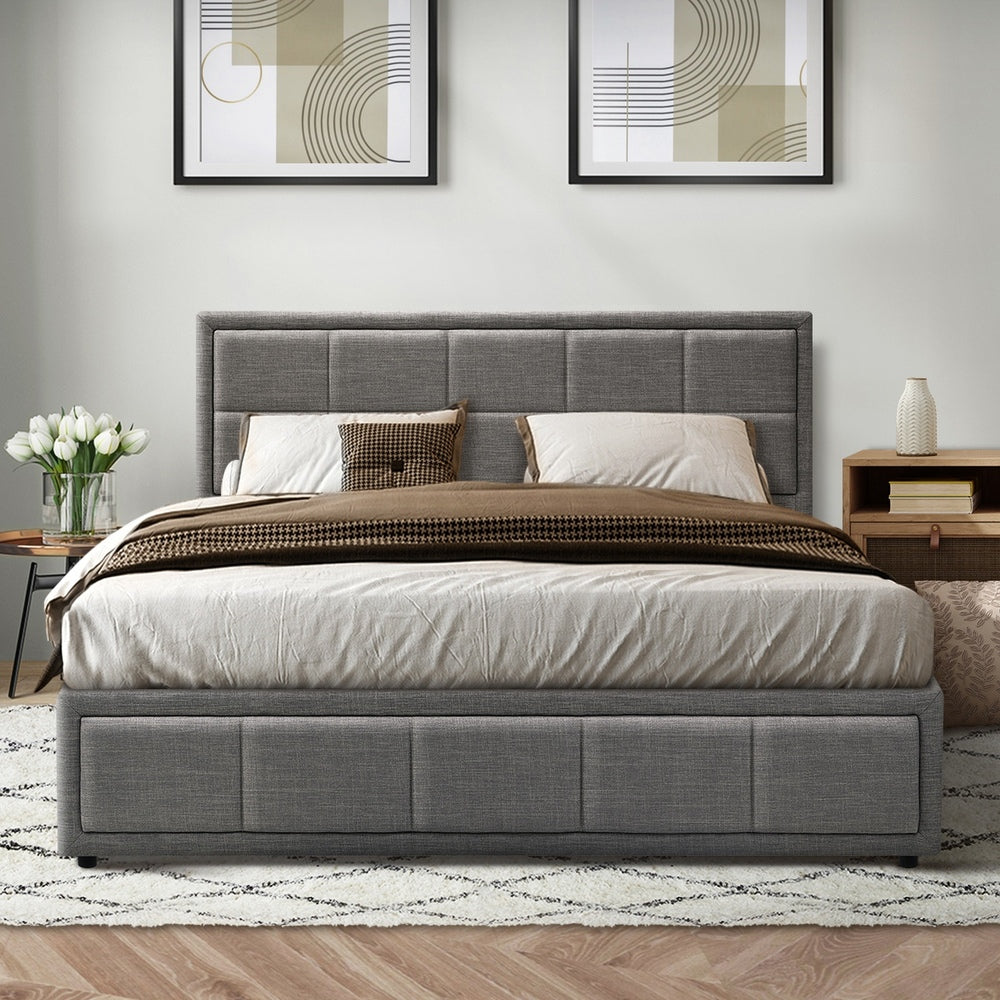 Oikiture Queen Bed Frame Gas Lift Storage Base Fabric Grey