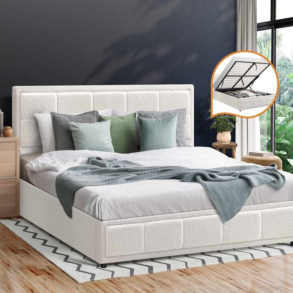 Oikiture Queen Bed Frame Gas Lift Storage Base Boucle White